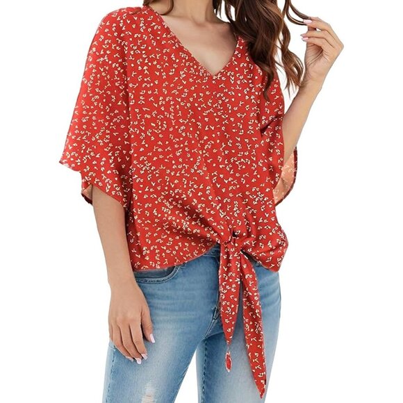 Boho Floral Blouse Casual 3/4 Sleeve V-Neck Tie Front Batwing Flower Red Medium - Picture 2 of 4